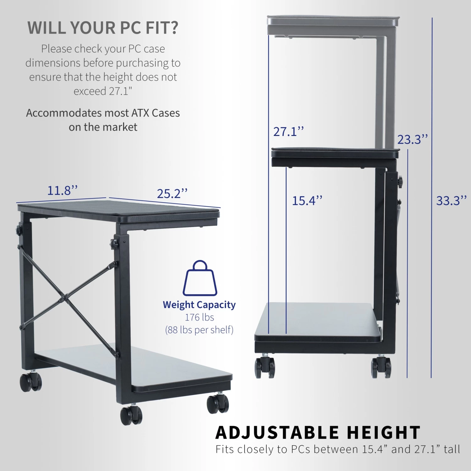 Black Adjustable PC Cart With Storage - Image 3