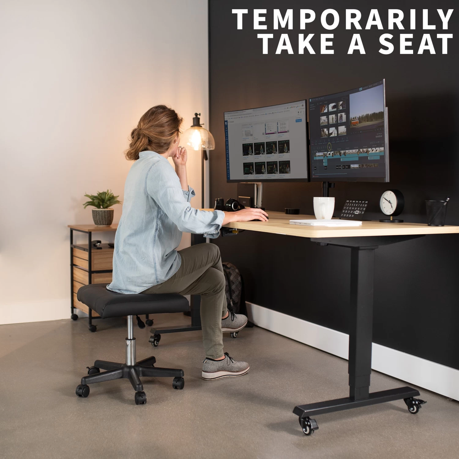 Black 2-in-1 Footrest & Ergonomic Desk Stool - Image 9