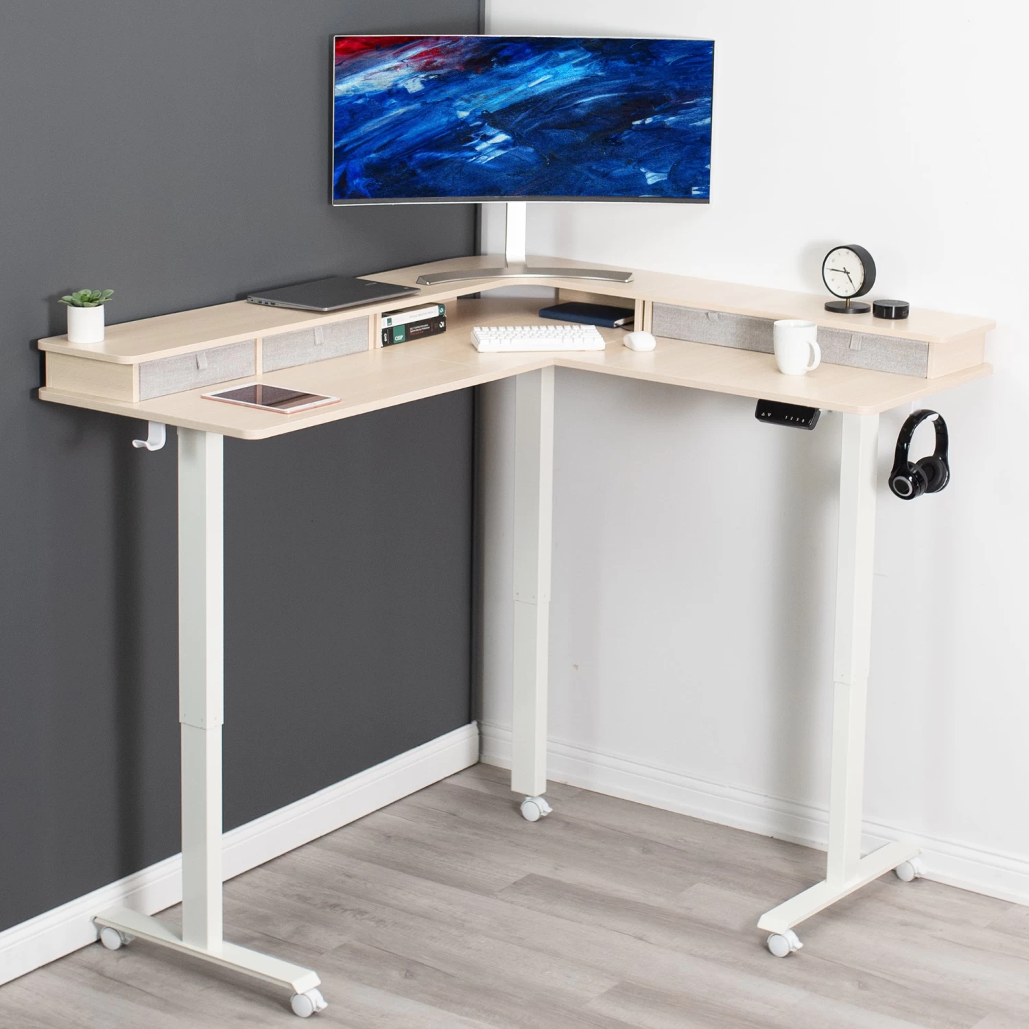Two Tier 63" X 55" Corner Electric Desk With Storage - Image 10
