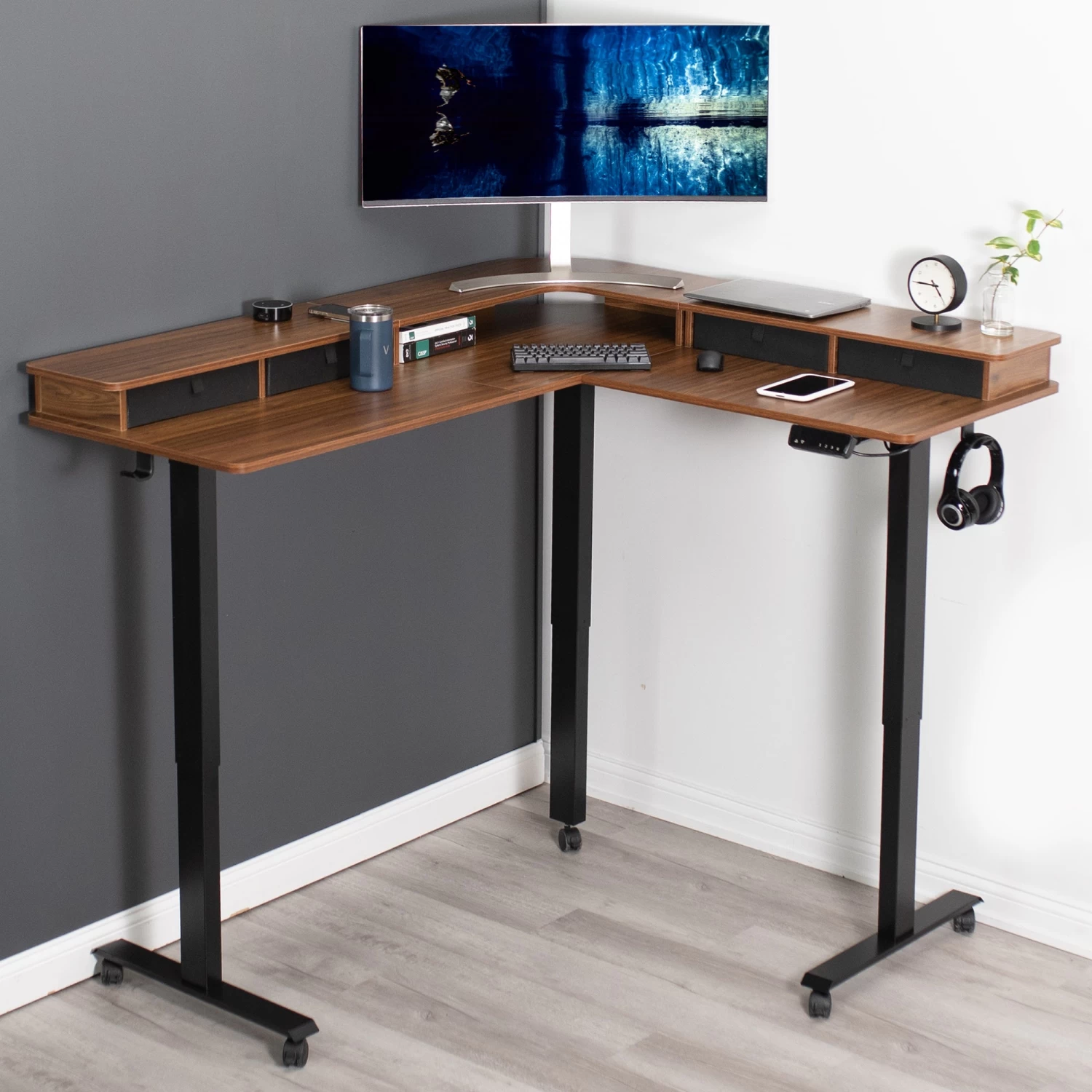 Two Tier 63" X 55" Corner Electric Desk With Storage - Image 12