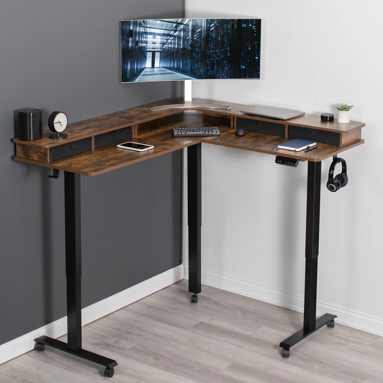 Two Tier 63" X 55" Corner Electric Desk With Storage - Image 14