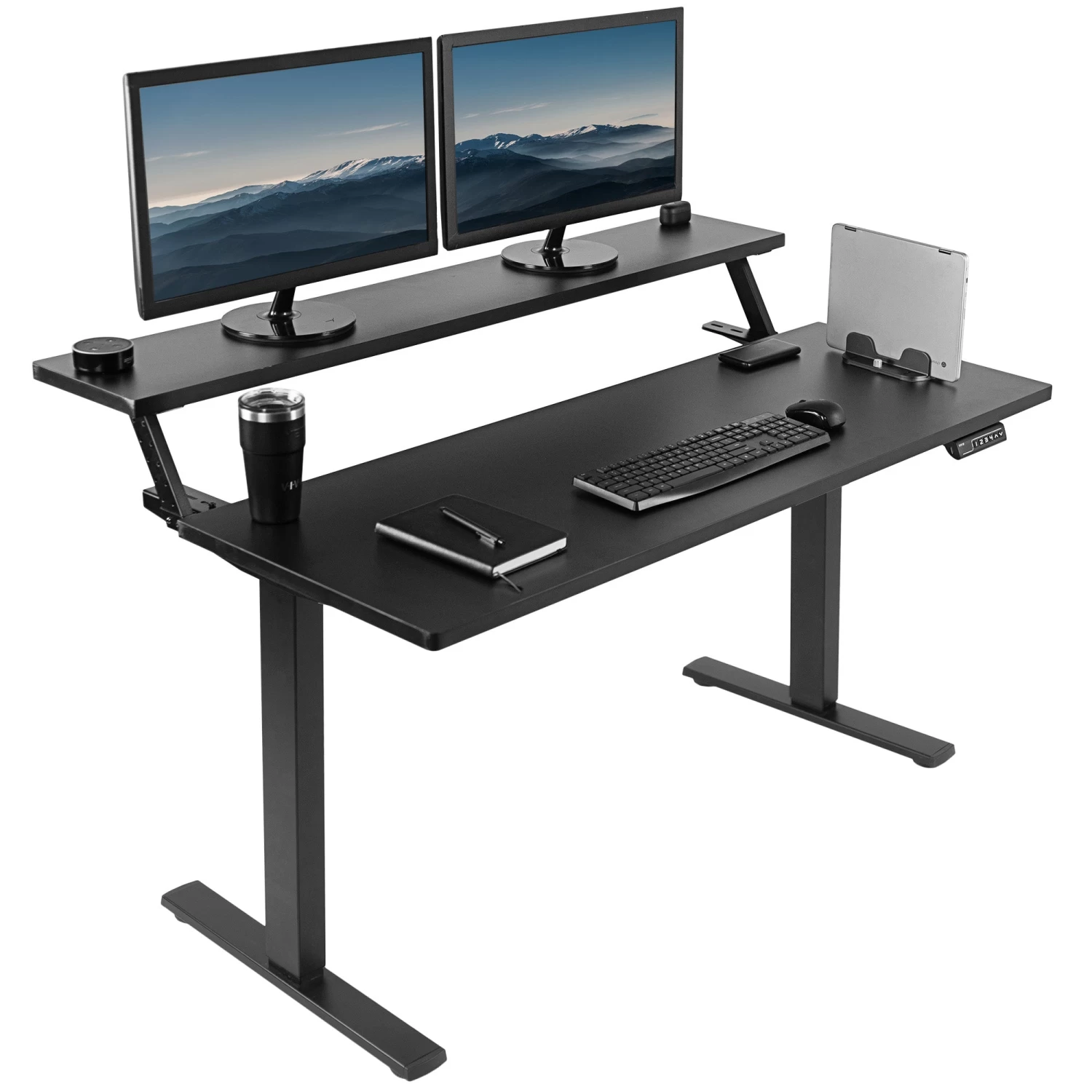Black 55" X 30" Dual Tier Electric Desk With Push Button Memory Controller