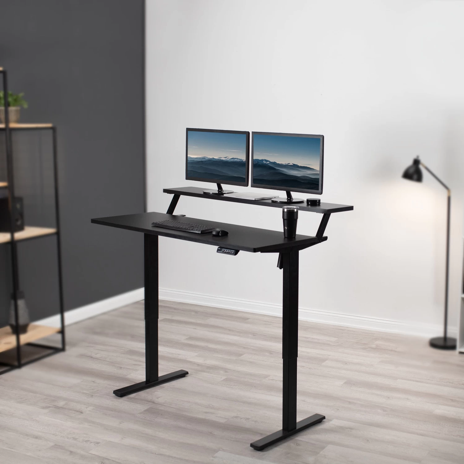 Black 55" X 30" Dual Tier Electric Desk With Push Button Memory Controller - Image 2