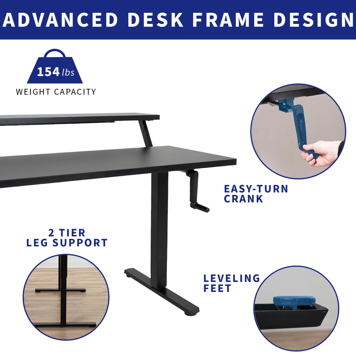 Black 55" X 30" Dual Tier Manual Height Adjustable Desk - Image 3