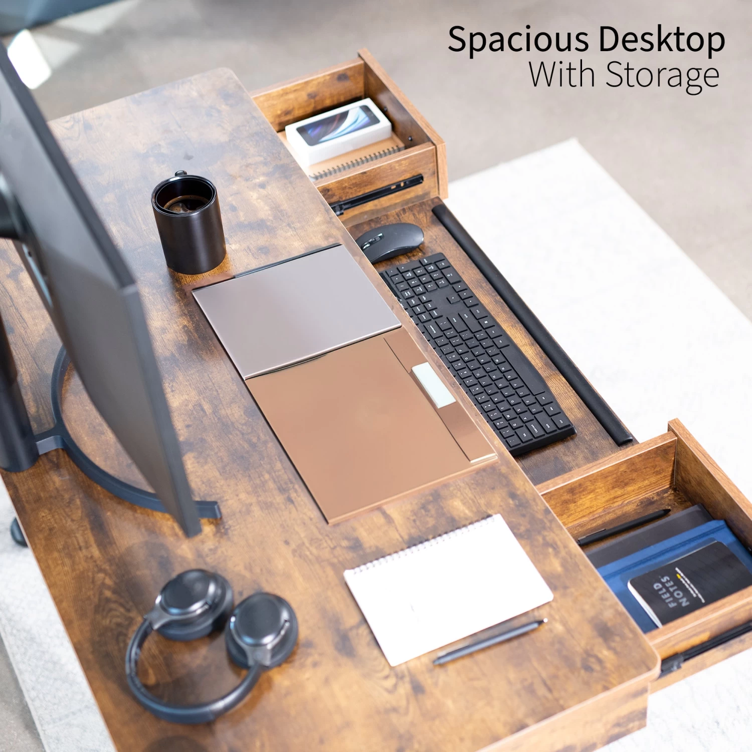 Vintage Brown Top 55" X 24" Rear-set Electric Desk With Storage - Image 3