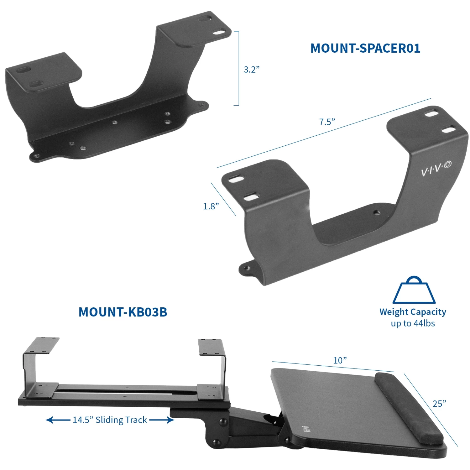Black Under Desk Keyboard Tray With Spacer Brackets - Image 3
