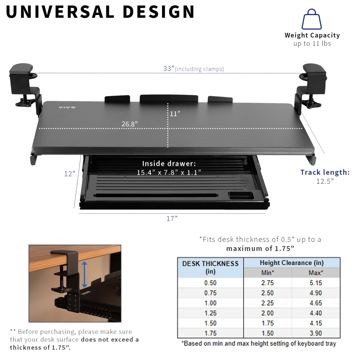 Clamp-on Height Adjustable Keyboard Tray With Pencil Drawer - Image 5