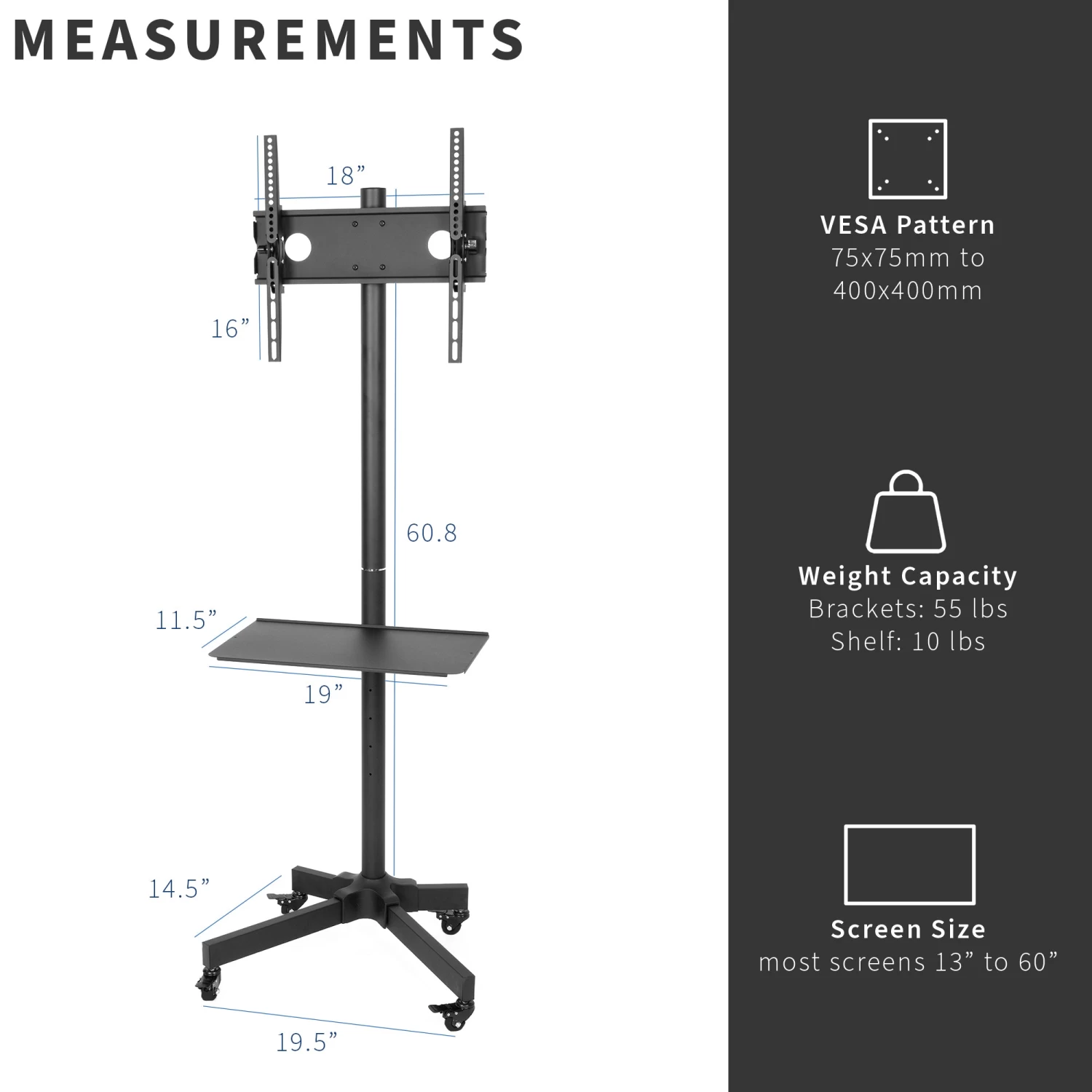 Black TV Cart For 13" To 60" Screens - Image 3