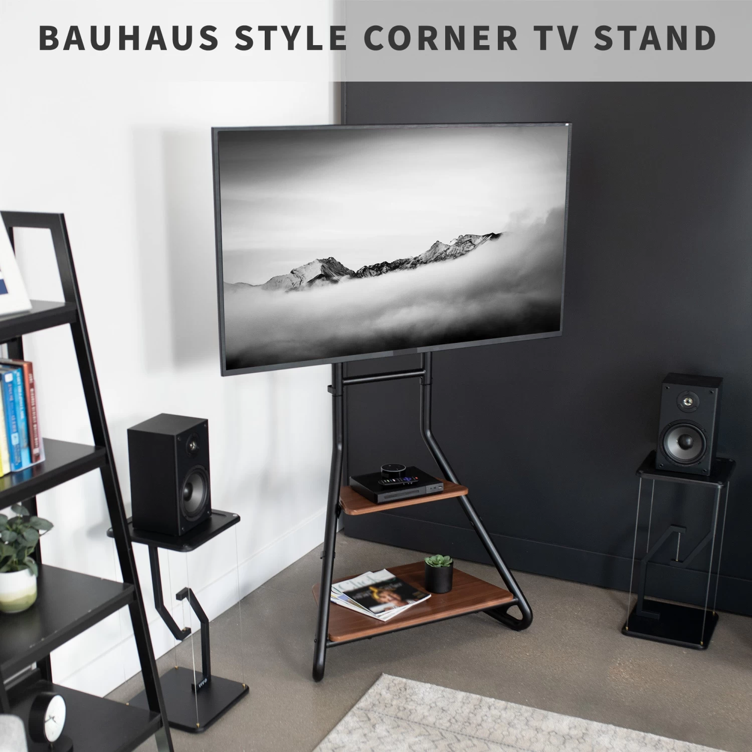 Black Corner TV Stand With Dark Walnut Shelves - Image 8
