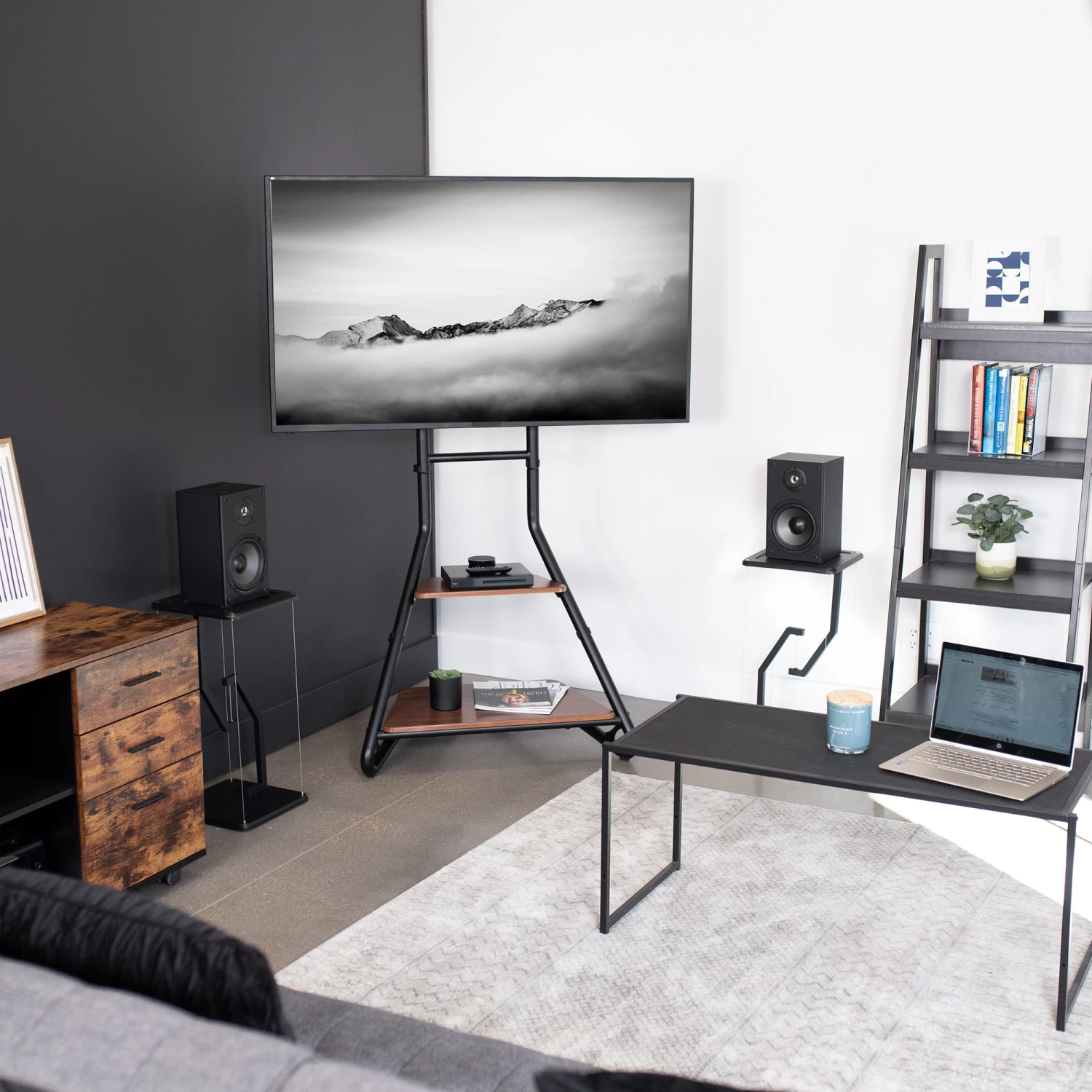 Black Corner TV Stand With Dark Walnut Shelves - Image 9