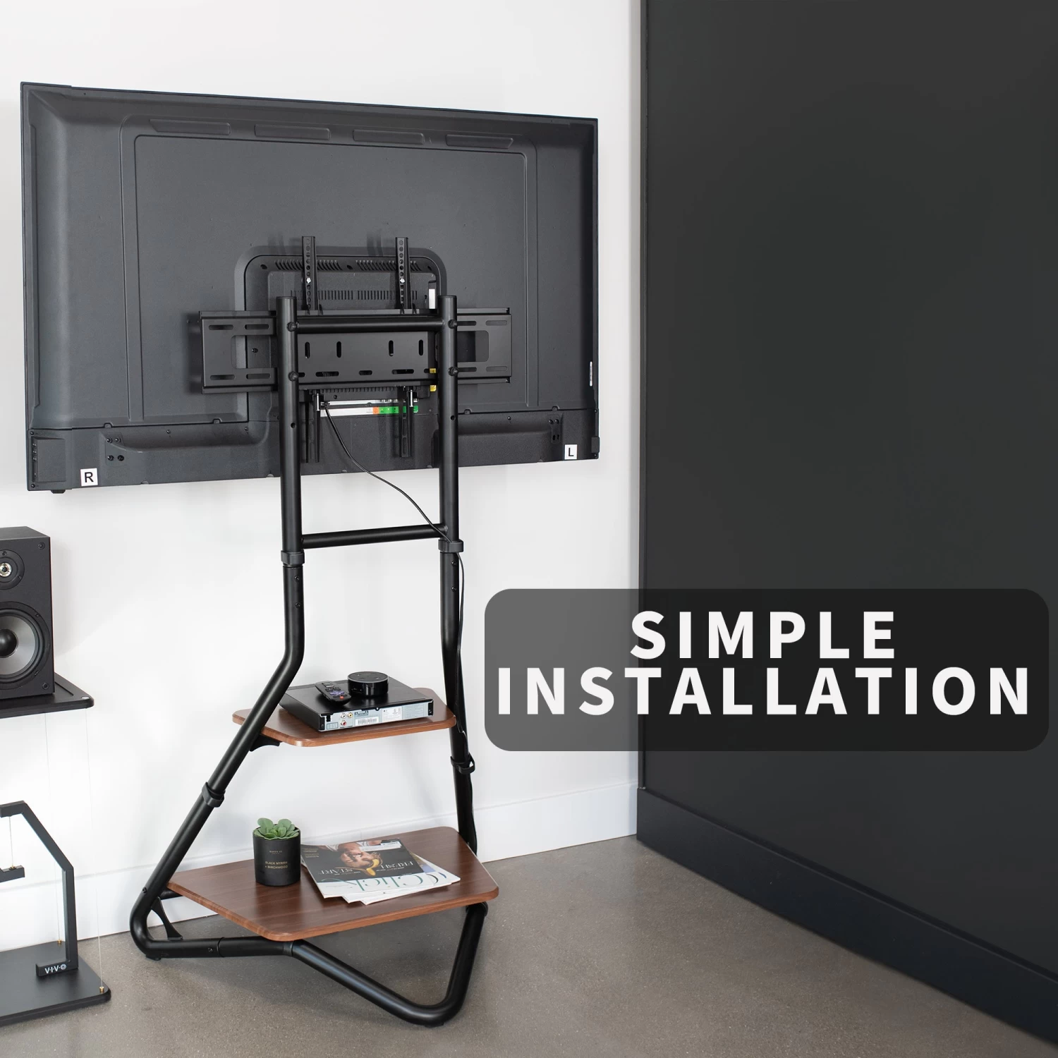 Black Corner TV Stand With Dark Walnut Shelves - Image 10