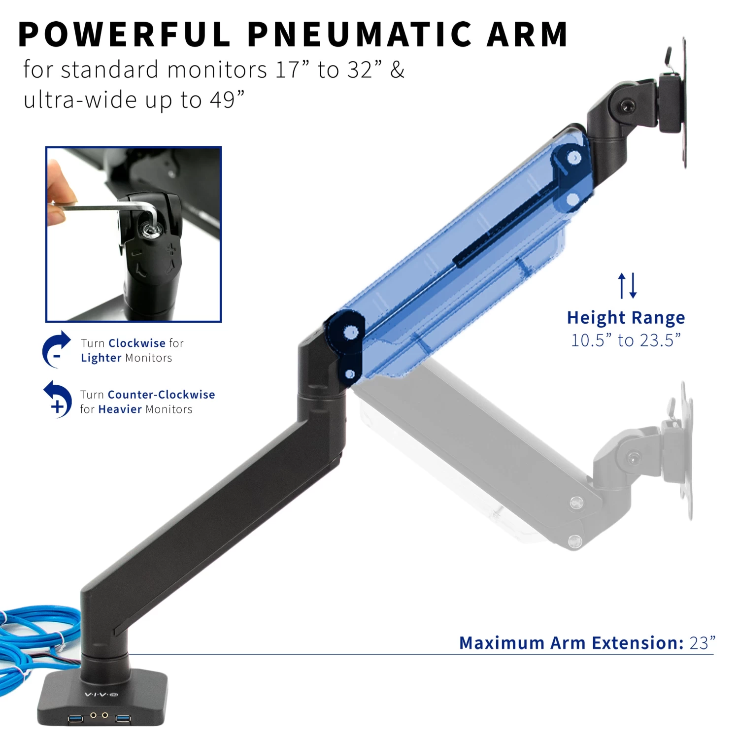 Pneumatic Arm Single Monitor Desk Mount With USB - Image 3