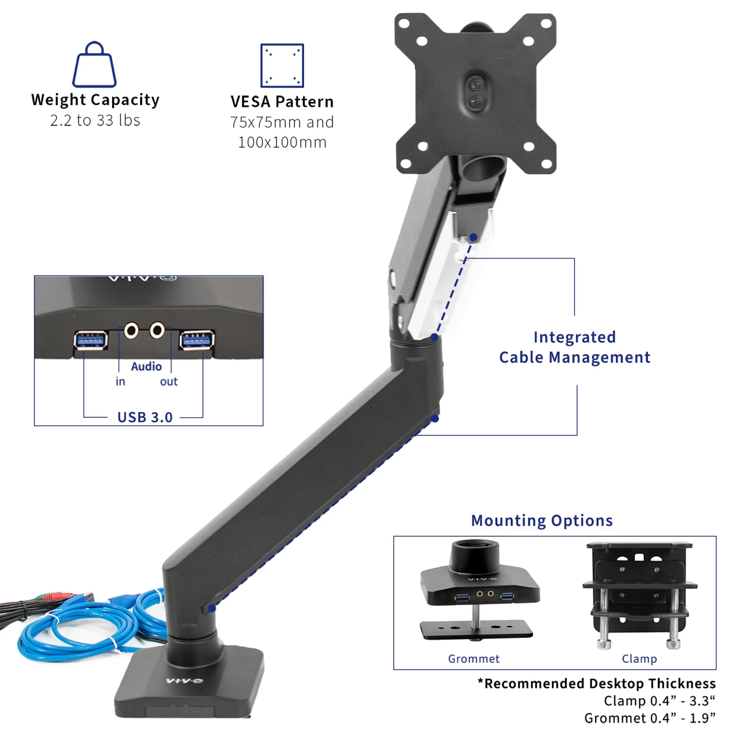 Pneumatic Arm Single Monitor Desk Mount With USB - Image 4